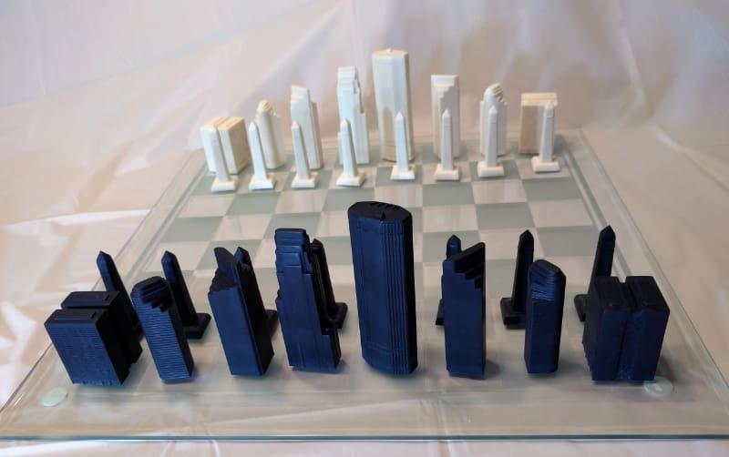 Minneapolis Chess Board 3D printed Minneapolis Skyline chess pieces
