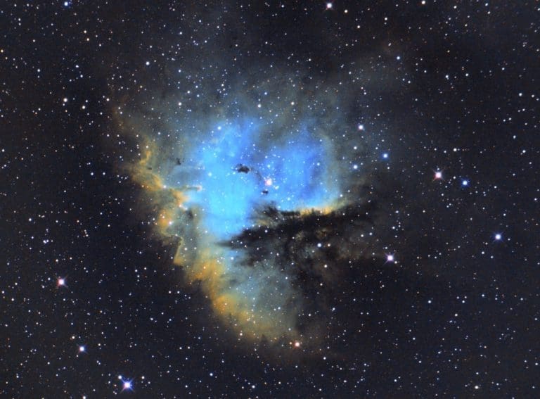 Pacman Nebula 2400 blue and yellow photo of the Pacman Nebula